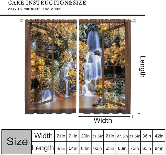 Waterfall Blackout Curtains, Waterfall Forest Landscape Wooden Window Print Pattern Window Drapes, for Bedroom Living Room 42" W X 45" L