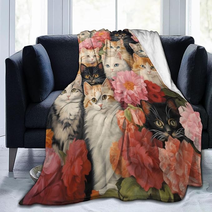 Cute Cat Blanket Gifts for Cat Lovers Girls Women Kitten Floral Flannel Throw Blankets for Home Couch Bed Sofa Soft Fuzzy Lightweight Decor All Season 80x60 Inches