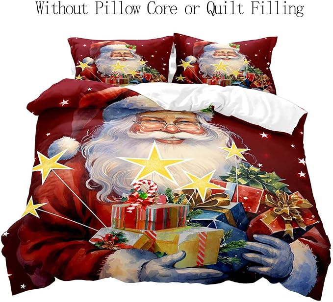 LUVIVIHOME 3PCS Christmas Santa Duvet Cover Queen Bedding Sets, Boys Girls Kids Bedding, Winter Holiday New Year Xmas Gifts Red Christmas Comforter Bedspread Quilt Cover, Bed in a Bag, 2 Pillow Shams