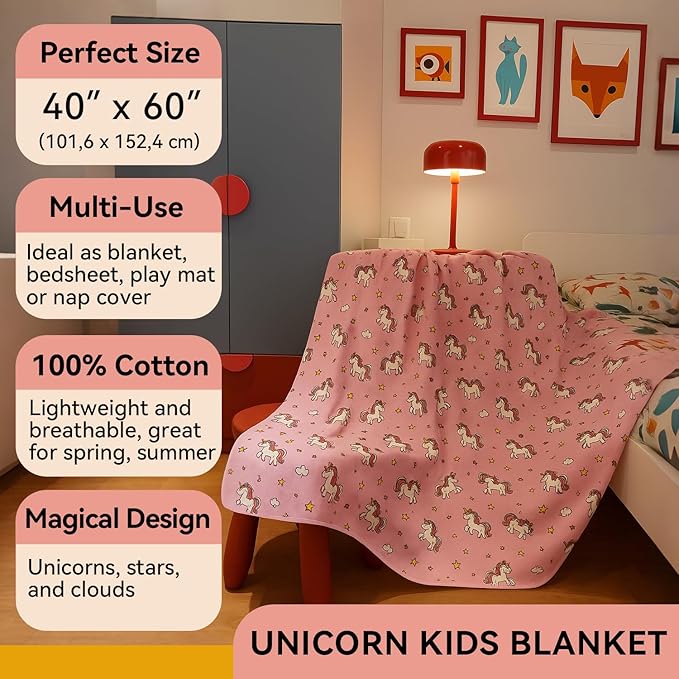 Kids Throw Blanket – Soft Cotton Toddler Blanket with Unicorn, Star & Cloud Pattern, Lightweight Breathable Bed Throw with Stitched Edges, 40 x 60 in (101.6 x 152.4 cm)