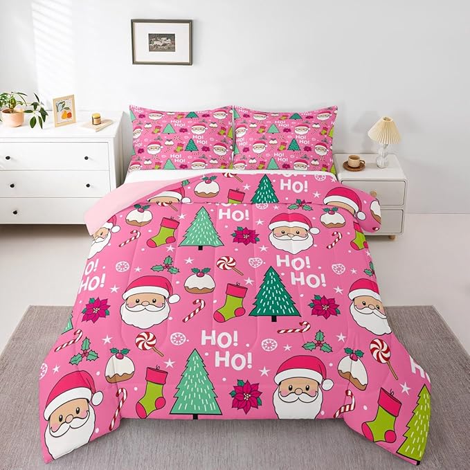 Feelyou Pink Merry Christmas Comforter Set All Season Santa Claus Bedding Set with 1 Pillow Cases Xmas Microfiber Kids Toddler Bedclothes Happy New Year Bedroom Decor Duvet Quilt Soft Lightweight