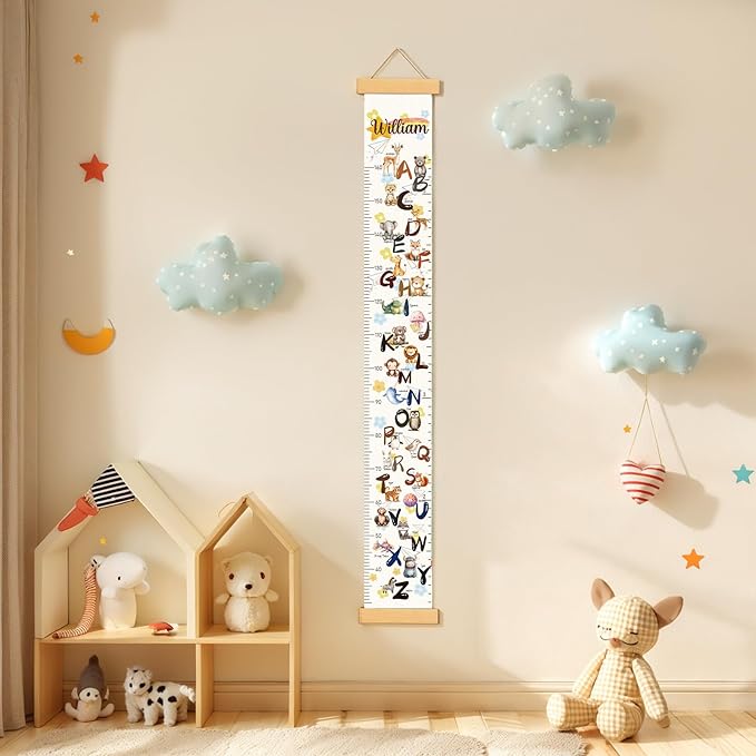 Personalized Name Growth Chart Wall Decor for Kids – Canvas Removable Height Chart Measuring Ruler 59" x 7.9" (Cute Letters)