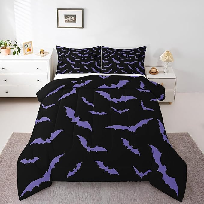 Erosebridal Happy Halloween Comforter Set with 2 Pillow Cases Dark Purple Gothic Bats Quilt Queen Size for Kids Boys Black Spooky Cartoon Gothic Bedding Set