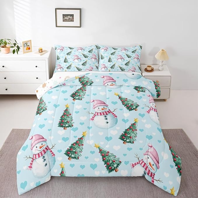 Feelyou Merry Christmas Kids Comforter Set Twin Size Cute Snowman Bedding Set Christmas Tree Duvet Quilt for Kids Boys Girls Bedroom Love Hearts Decor Microfiber Ultra Soft Breathable