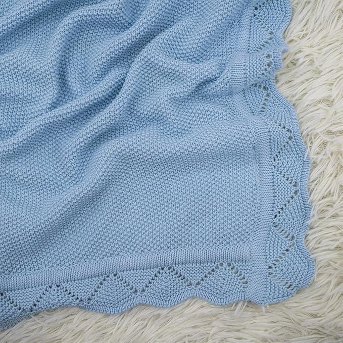 Baby Knit Blanket Soft Breathable Cotton Scallop Border Blankets Newborn Knitted Blanket Swaddle Blankets Gifts for Baby Newborn Toddler Shower Boy Girl New Mom Birthday Christmas Blue 28x36