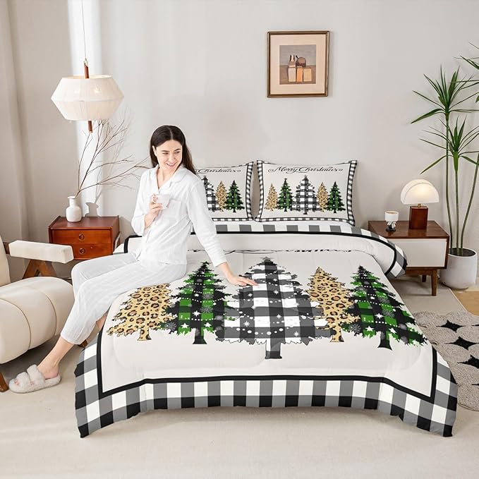 Merry Christmas Kids Comforter Set Queen Size,Leopard Plaids Pines Trees Bedding,Girls Boys Adults Bedroom/Xmas Cabin Decor,Geometric Grids Retro Down Comforter,Rustic Duvet Insert,2 Pillowcases
