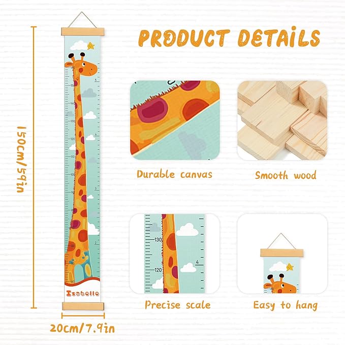 Personalized Name Growth Chart Wall Decor for Kids – Canvas Removable Height Chart Measuring Ruler 59" x 7.9" (Painted Giraffe)