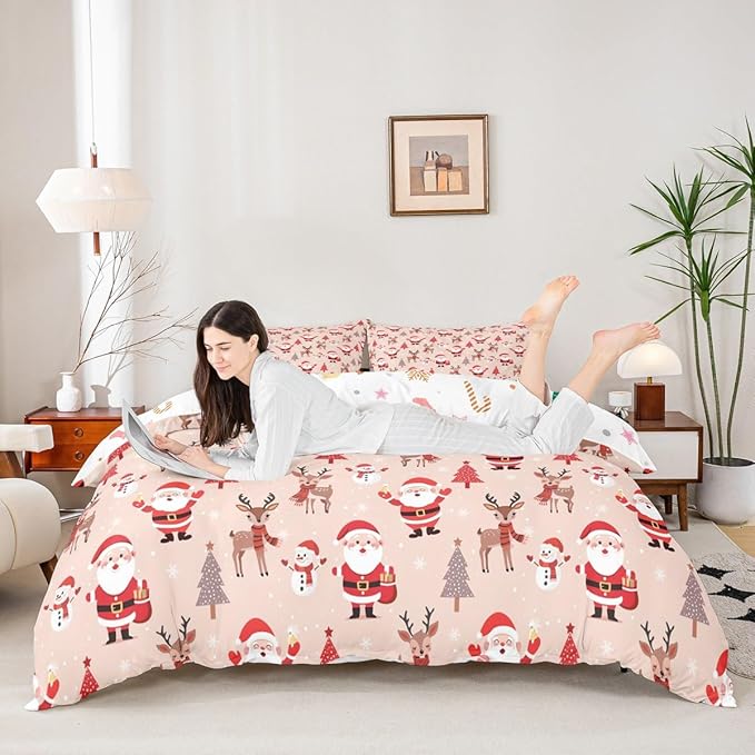 Christmas Kids Bedding Set Santa Claus Bedding Duvet Cover Set for Boys Girls Christmas Tree Deer Decor Comforter Cover Set Snowflake Xmas Theme Bedspread Cover Bedroom Quilt Cover 3Pcs King Size