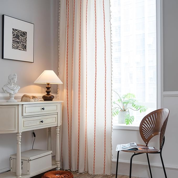 Deeprove Rust Orange Boho Curtains 63 inches Length for Living Room Bedroom Nursery, Vintage Chic Bohemian 63 inches Long Embroidery Farmhouse Tassel Privacy Window Treatments W52 x L63, 1 Panel