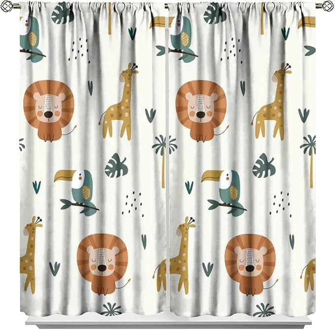 Cute Lion Window Curtains for Kids Bedroom,Cartoon Woodland Jungle Forest Wildlife Little Lion Giraffe Owl Palm Tree Printed Pattern Blackout Drapes for Living Room Baby Nursery Room 63x72in