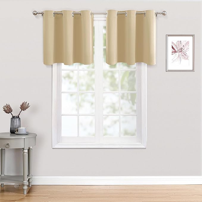 ChrisDowa Small Kitchen Valances for Windows - Grommet Short Thermal Insulated Room Darkening Window Valances Curtains for Living Room (2 Panels, Biscotti Beige, 42 x 18 Inch)