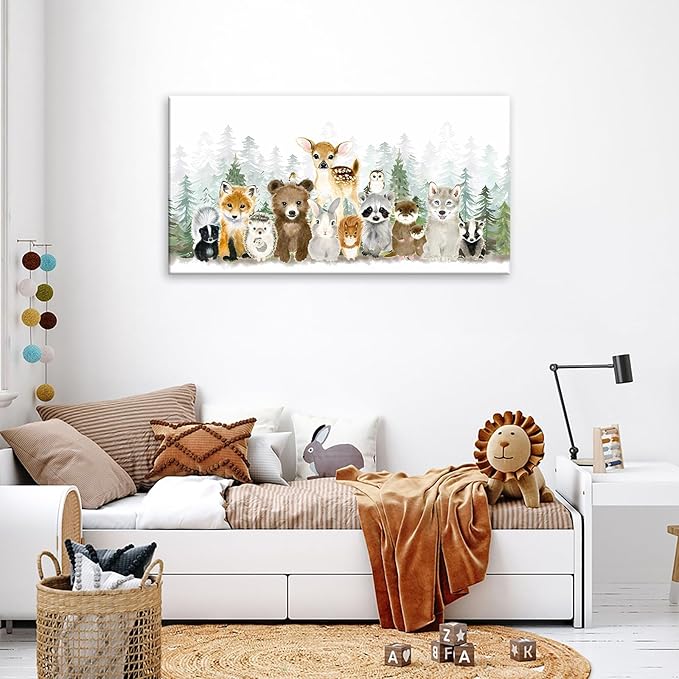 Woodland Animal Nursery Wall Art Watercolor Forest Baby Animal Nursery Wall Decor Printing Framed Fox Bear Deer Watercolor Poster Paintings Pictures for Boys Room Girls Room Home Decoration 12x24in