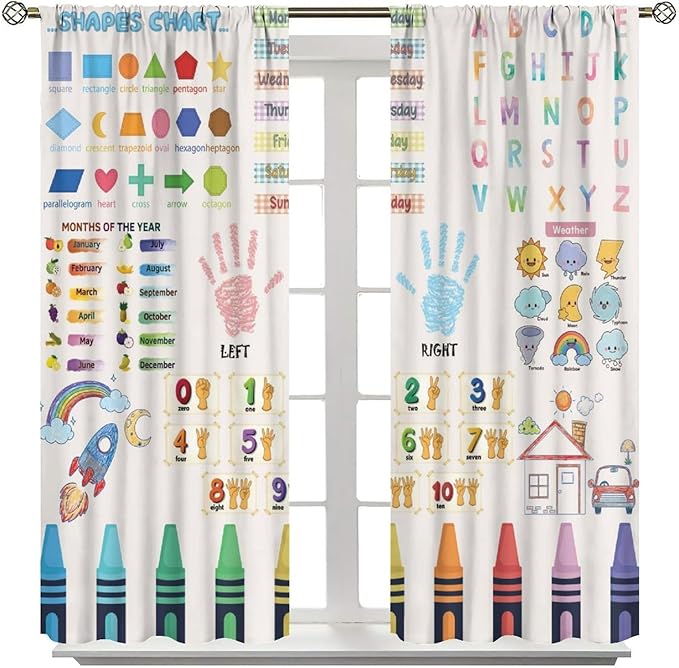 Kids Educational Alphabet Curtain,Boho Watercolor Alphabet Pastel Numbers Shapes Colors for Girls Child Nursery Home Kids Printed Rod Pocket Blackout Window Drapes for Bedroom Living Room 42"W X 45"L