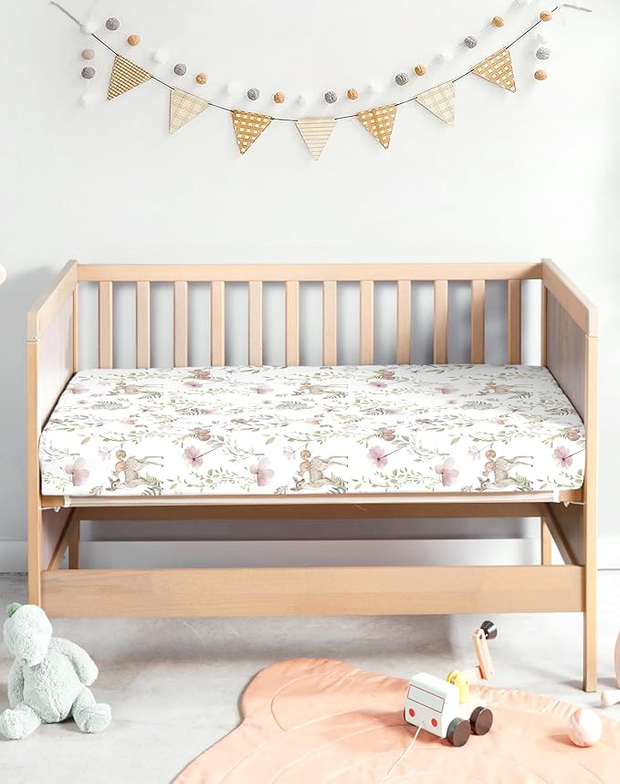 Pack and Play Sheets 2 Pack, Fitted Jersey Knit Mini Crib Sheets for Baby Boys and Girls, Compatible with Graco Pack N Play and Mini Crib Mattress (Floral Fawn, Pack N Play/Mini Crib Sheets)