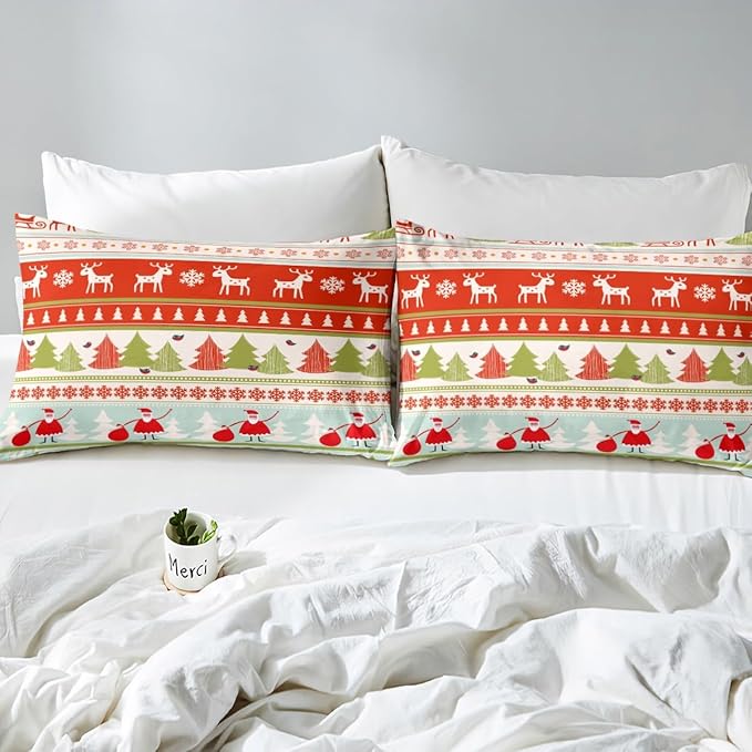 Manfei Xmas Duvet Cover Set Queen Size, Deer Snowflake Trees Santa Claus Comforter Cover with 2 Pillowcases, Christmas Theme Bedding Set 3pcs for Kids Boy Girls New Year Bedspread Cover,No Comforter