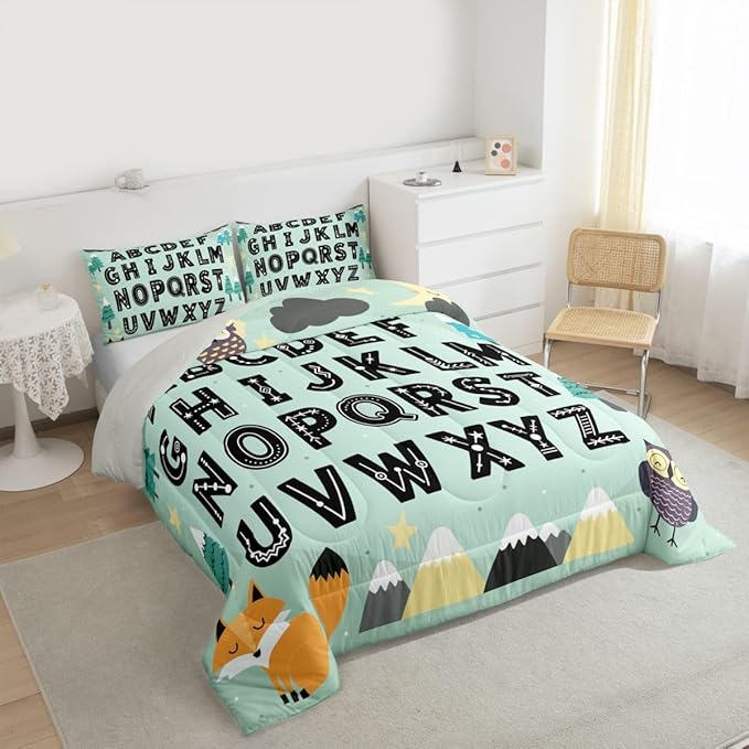 Feelyou Alphabet Kids ABC Learning Comforter Set All Season Cute Fox Bedding Set with 2 Pillow Cases Educational Nursery Art Microfiber Kids King Bedclothes Woodland Animals Bedroom Decor Duvet Quilt