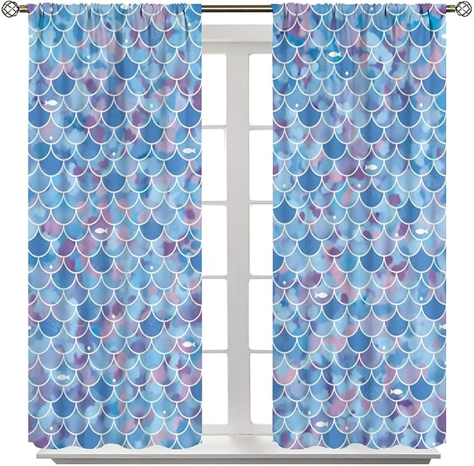Mermaid Blackout Curtains, Kids Cartoon Blue and Pink Ocean Mermaid Scale Pattern Decoration for Girls Bedroom Nursery Curtains 63x72 Inch