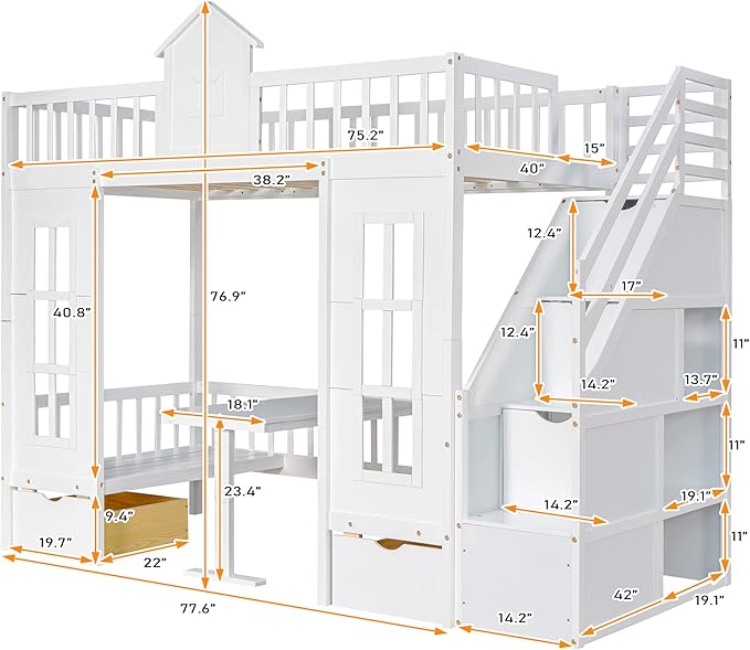 MERITLINE Twin Over Twin Castle House Loft Bed with Stairs and Storage Drawers,Solid Wood Princess Convertible Bunk Bed with Desk and Seat (White (Convertible))