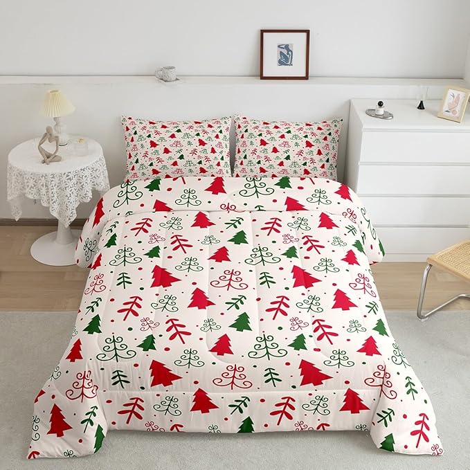 Castle Fairy Christmas Trees Comforter Set King Size,Red Green Pine Plant Hand Sketch Bedding Set All Season Quilt Set,Winter Xmas Natural Botanical Microfiber Polyester Down Comforter