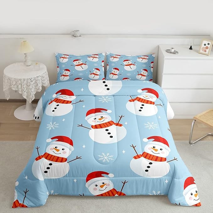 Feelyou Merry Christmas Bedding Set Soft for Boys Girls, Snowman Comforter Set Full Size Snowflake Duvet Quilt Microfiber Bedroom Decor 3 Pcs with 2 Pillow Cases