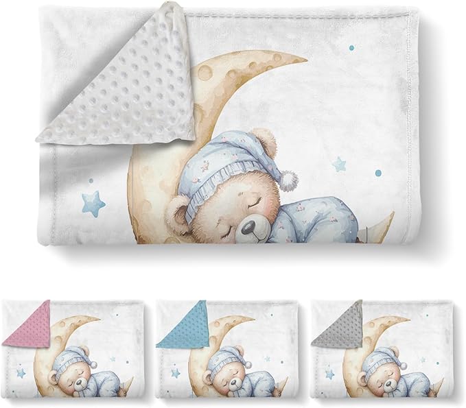 Custom Name Crib Bedding Set, 3 Pcs Personalized Baby Crib Bedding Set, Soft Blue Moon Bear Nursery Crib Sets for Boys Girls, Double Layer Toddler Bedding Set Customized Gifts for Newborn Kids