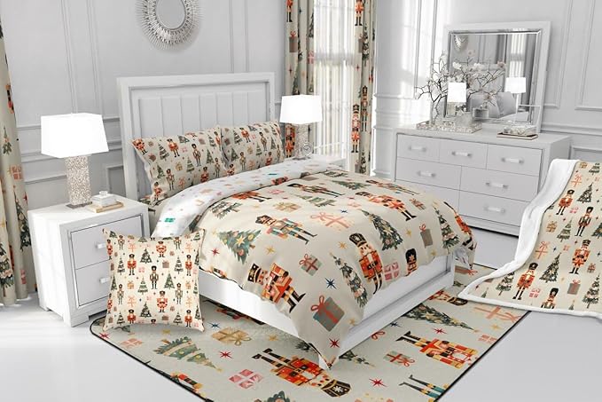 jejeloiu Xmas Nutcracker Comforter Set Full Size Christmas Beige Bedding Set for Kids Boys Girls Cute Snowflakes Duvet Quilt Bedroom Decor