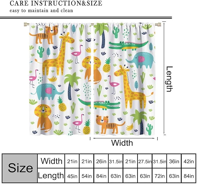Kids Animals Blackout Curtains Cartoon Cute Abstract Fun Tropical Animals Art Printed for Children Girls Boys Bedroom Nursery Rod Pocket Decoration Window Drapes 2 Panels W31.5xL63in