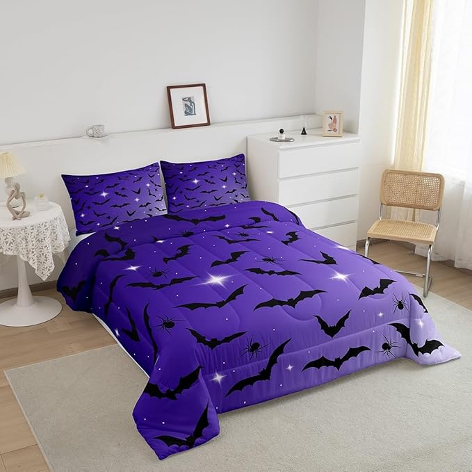 Erosebridal Bat Comforter Set Toddler Size for Kids Galaxy Glitter Bedding Set with 1 Pillow Case Happy Halloween Quilt Gothic Spooky Down Comforter Purple and Black