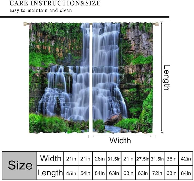 Nature Scenery Waterfall Blackout Curtains, Forest Waterfall Landscape Green Jungle Stone Falls Print Pattern Rod Pocket Window Drapes, for Bedroom Living Room 52" W X 84" L