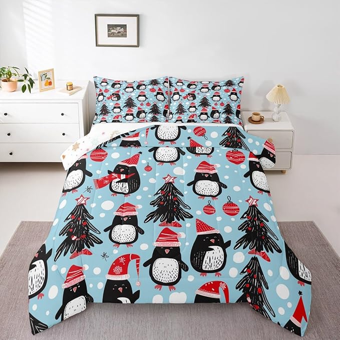 Feelyou Christmas Comforter Set All Season Penguin Bedding Set with 2 Pillow Cases Xmas Tree Microfiber Kids Queen Bedclothes Christmas Balls Bedroom Decor Duvet Quilt Breathable Soft Lightweight