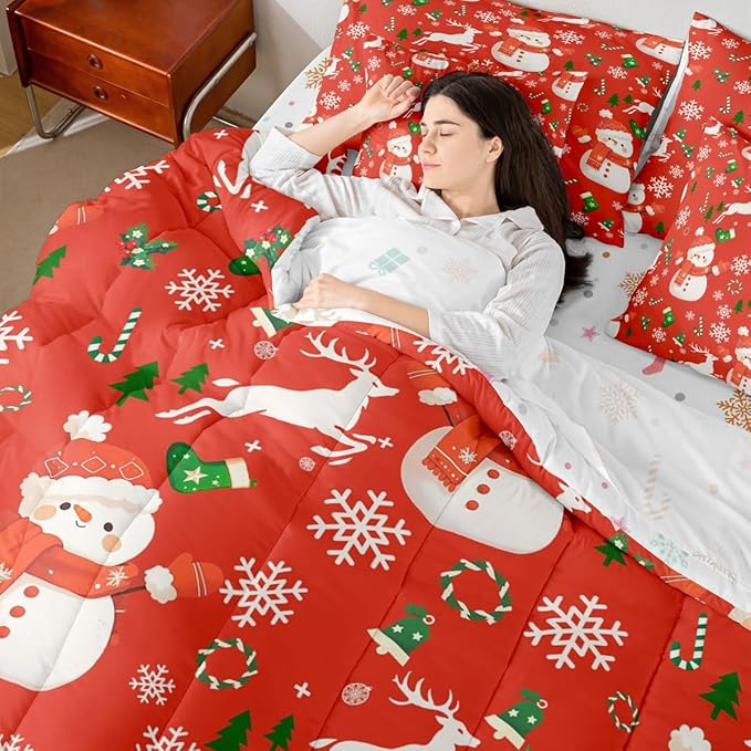 Red Christmas Comforter Set With Sheets 7 Piece King Size Cartoon Deer Snowman Bed in a Bag Kids Boys Girls New Year Red Bedding Set Reversible Xmas Decor Bedroom Decor Breathable Soft Lightweight