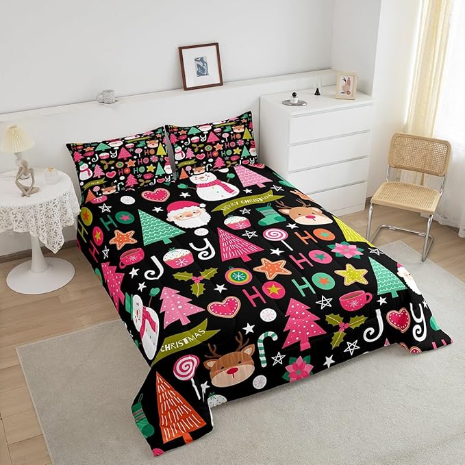Merry Christmas Kids Comforter Set Twin Size,Cartoon Santa Claus Snowman Xmas Bedding Set,Boys Girls Adults Room Decor,Christmas Trees Deer Cute Down Comforter,Colorful Duvet Insert,1 Pillowcase