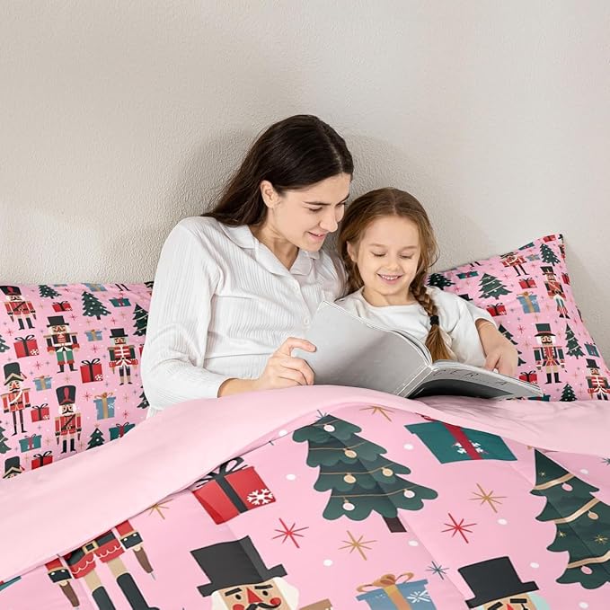 Feelyou Nutcracker Comforter Set All Season Merry Christmas Tree Bedding Set with 1 Pillow Cases Snowflake Kids Toddler Bedclothes Soldier Print Decor Duvet Quilt Soft Lightweight