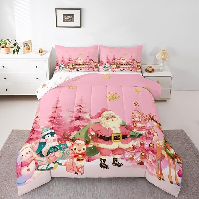 jejeloiu Merry Christmas Comforter Set Twin Size Santa Claus Bedding Set for Kids Boys Girls Cute Deer Duvet Quilt Pink Bedroom Decor