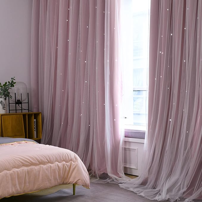 Kinryb Princess Curtains for Girls Bedroom with Sheer Overlay,Double Layer Curtain for Living Room with Star Cutout, Curtains for Kids Room (70 W*84 L Inches,2 Pcs Pink)
