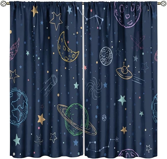 Navy Blue Space Curtains, Cartoon Outer Space Stars Planets Theme Galaxy Curtains for Kids Teens Bedroom Nursery Toddlers Room Decor 42" W X 45" L