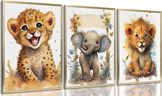 3Pcs Baby Safari Animal Wall Art Jungle Watercolor Animal Wall Decor Picture Painting Nursery Poster Prints Artwork for Boy Girl Room Home Decoration Unframed 16x24 In