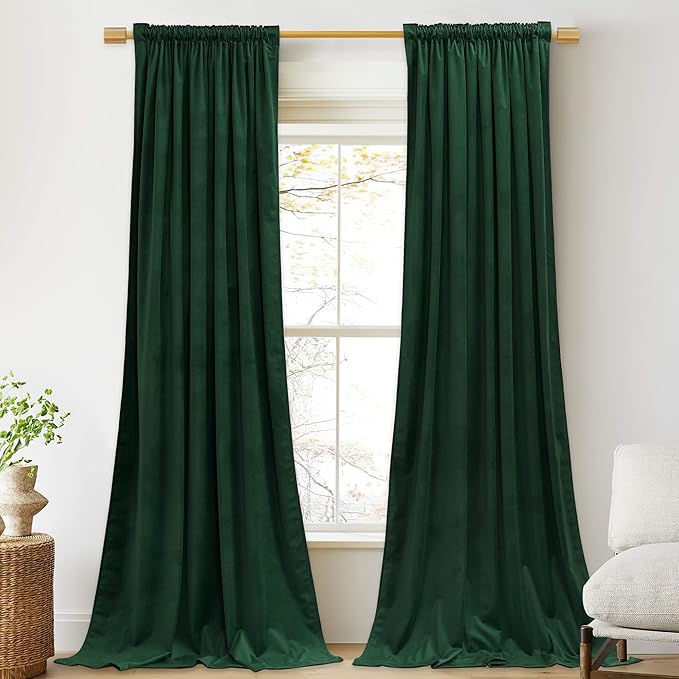 StangH Green Velvet Curtains 96 inches for Living Room, Luxury Christmas Decor Back Tab Thermal Insulated Blackout Heat & Chill Resistant Drapes for Bedroom Windows/French Door, W52 x L96, 2 Panels