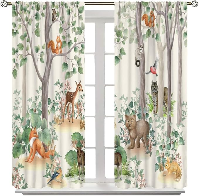Woodland Animal Curtains, Cartoon Wild Rustic Forest Animals Pattern Blackout Window Treatments, Rod Pocket Thermal Insulated Drapes 2 Panel Sets for Kids Bedroom Nursery Classroom, 55" W X 63" L