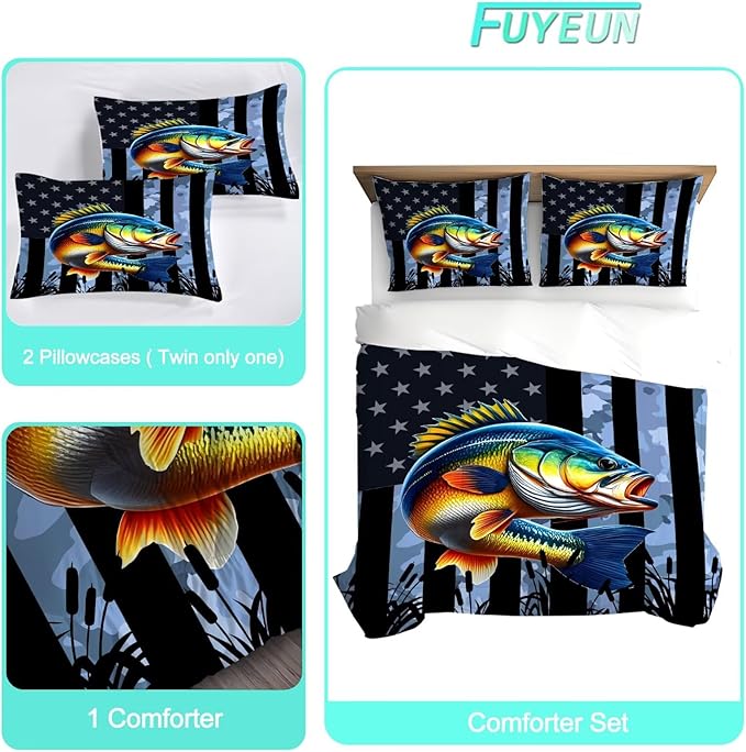 American Flag Comforter Set King Size Camouflage Bedding Set for Men Boys Teens Grey Fishing Lover Bedroom Fisherman Bass Fish Farmhouse Bed Set Wild Quilted, 1 Comforter 2 Pillowcases