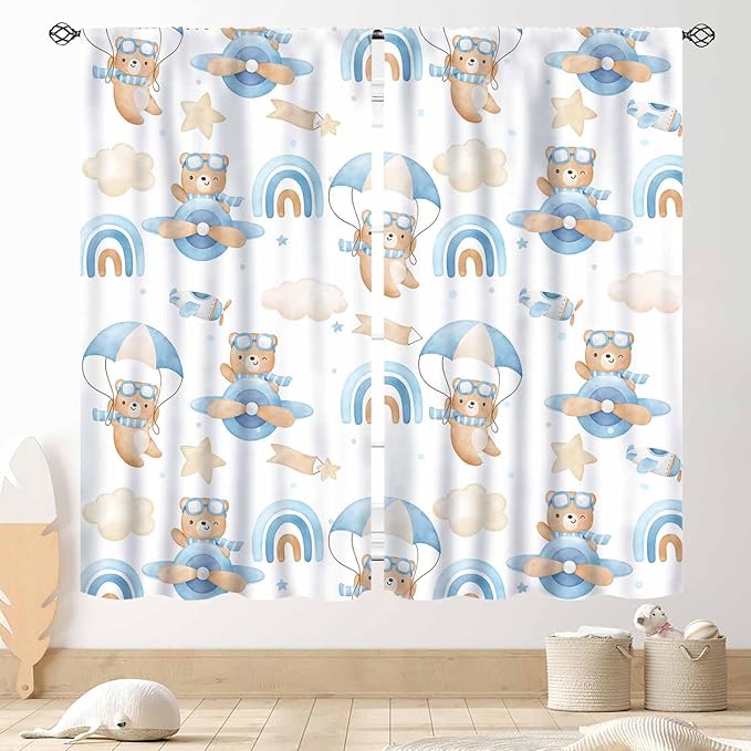 Cartoon Bear Curtains, Kids Boys Girls Cute Lovely Bear Adventure Airplane Cloud Pastel Blue Window Drapery Treatments for Baby Living Room Bedroom Nursey Toddler Classroom 2 Panels, 63"x72" Inch