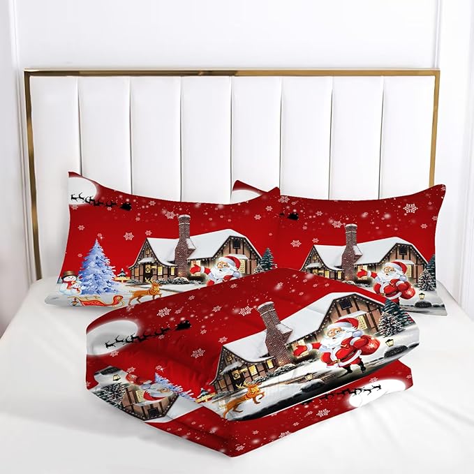 kxry Merry Christmas Bedding Set Santa Claus Deer Christmas Tree Snowman Comforter Quilt King Size for Girls Boys Kids 1 Comforter + 2 Pillow Cases