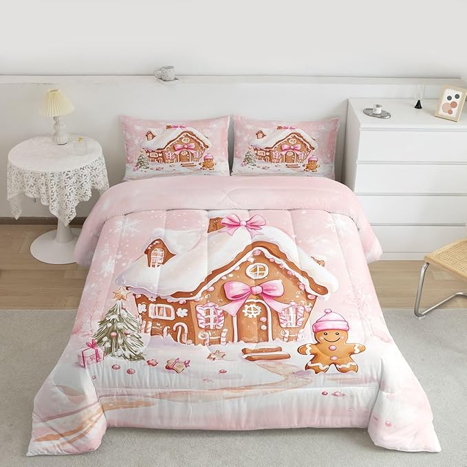 Feelyou Gingerbread House Kids Comforter Set Toddler Size Gingerbread Man Bedding Set Christmas Tree Duvet Quilt for Kids Boys Girls Bedroom Pink Bow Decor Snowflake Microfiber Ultra Soft Breathable