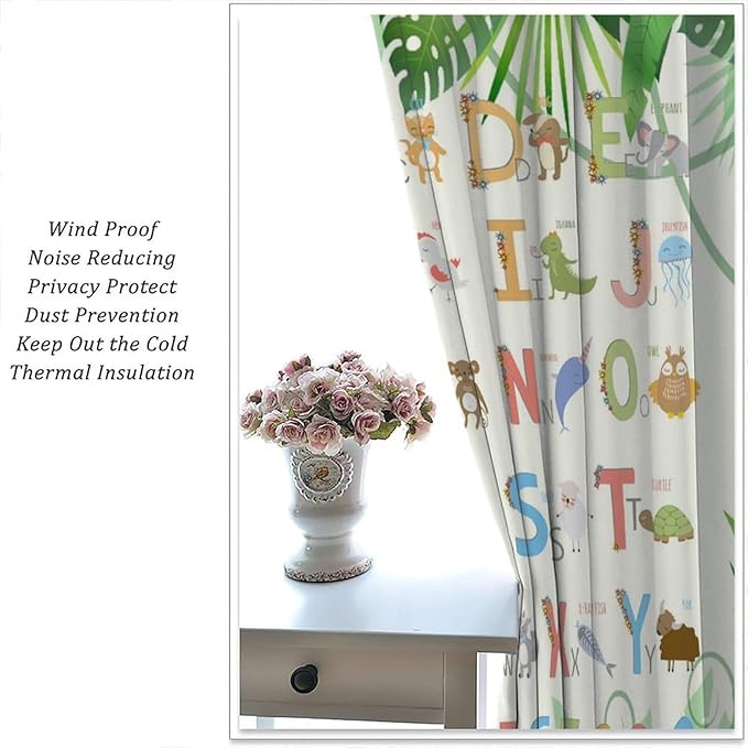 Kids Animal Alphabet Curtain Tropical Plant Alphabet Educational Printed Rod Pocket Blackout Window Drapes for Bedroom Living Room Nursery School 72" W X 63" L