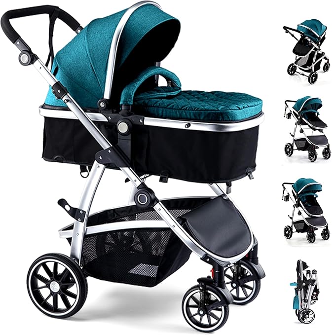 Baby Stroller, 2-in-1 Reversible Toddler Seat with Bassinet Mode, Foldable Infant Stroller with Canopy, One Button Brake, Adjustable Handle, Newborn Pushchair(Blue)