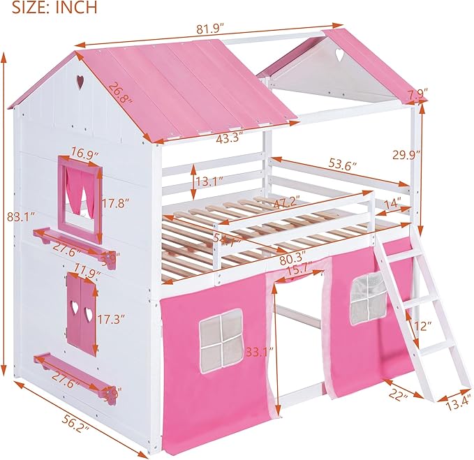 MERITLINE Full Over Full Princess Castle Bunk Bed with Tent,Ladders and Guardrail, Solid Wood Playhouse House Floor Bunk Bed with Windows and Roof (Full,Pink & White)