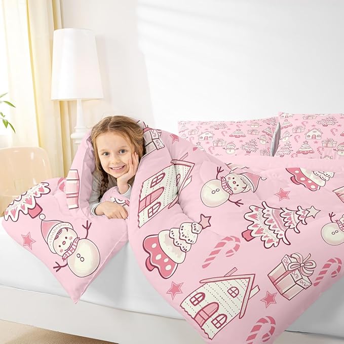 Feelyou Pink Christmas Comforter Set King Size Xmas Tree Snowman Bedding Set for Kids Boys Girls Star Gift Duvet Quilt Candy Cane Bedroom Decor Microfiber 3 Pcs with 2 Pillow Cases