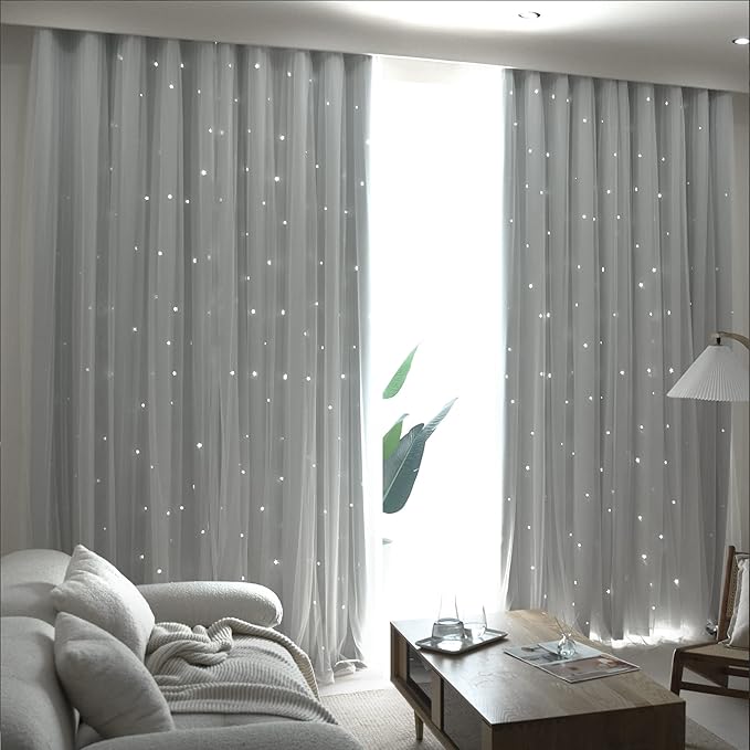 Kinryb Kids Star Cutout Curtains for Bedroom/Living Room/Classroom,2 Free Tiebacks Sheer Overlay 2 Panel Set, Double Layer Curtains for Kids Room(Each Piece W70 x L63 Inches 2 Pcs Greyish White)