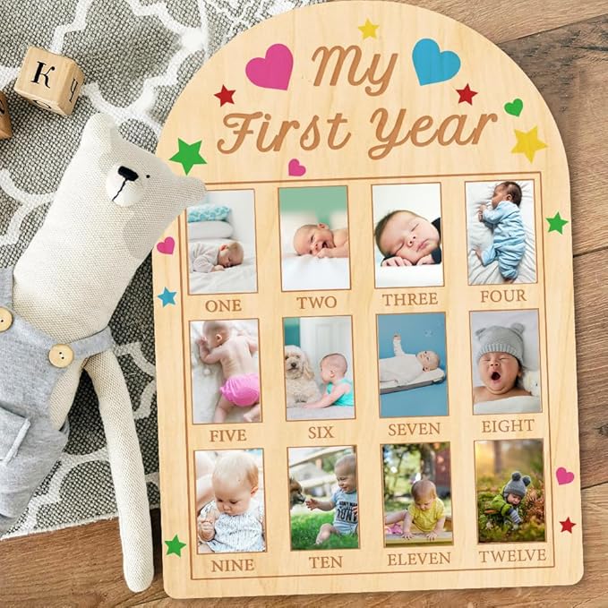 ORIGACH My First Year Baby Growth Photo Display Wood Board - 12 Months Newborn Milestones Photo Board - Neutral Baby Keepsake Frame 1st Birthday Party Nursery Decor New Mom Gift -Colorful Heart Star