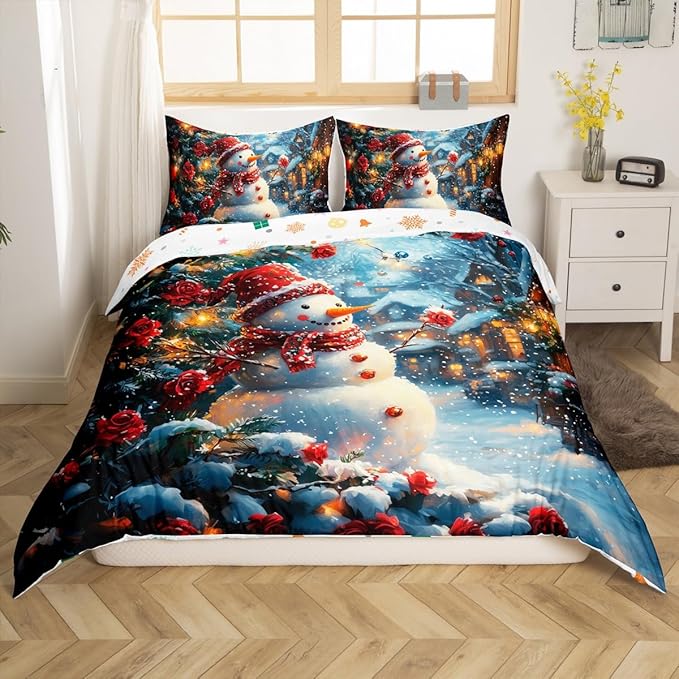 Manfei Christmas Kids Duvet Cover Set King Size, Cute Snowman Red Flower Bedding Set for Boys Girls Adults, New Year Winter Comforter Cover, Soft Polyester Quilt Cover, 2 Pillowcases, No Comforter